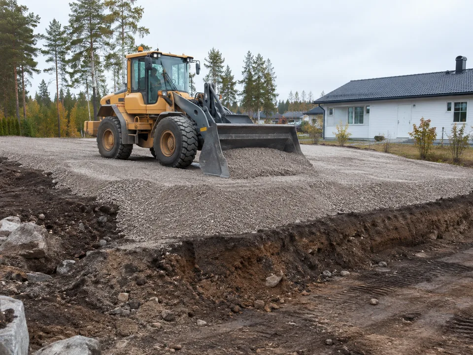 Fyllnadsmassor planeras ut på tomt med hjullastare