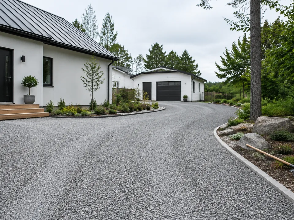 Färdig grusuppfart vid svensk villa med jämnt ytskikt