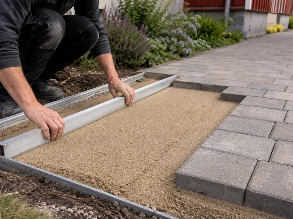 Sand jämnas av under marksten vid plattläggning